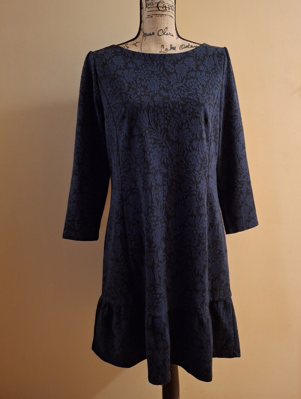 New LOFT Navy/Black Floral Jacquard Long Sleeve Drop-Hem Dress Size 10